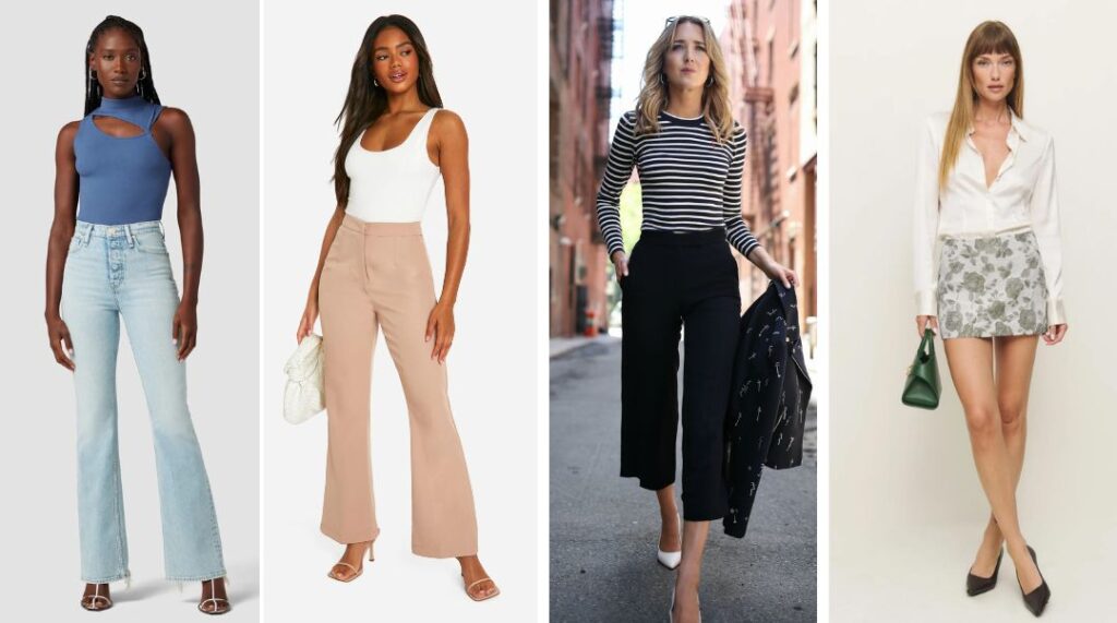 Bottoms: High-rise jeans, mini skirts