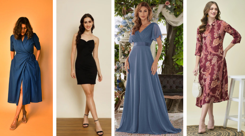 Dresses: Wrap dresses, A-line, mini/above-knee, empire waist