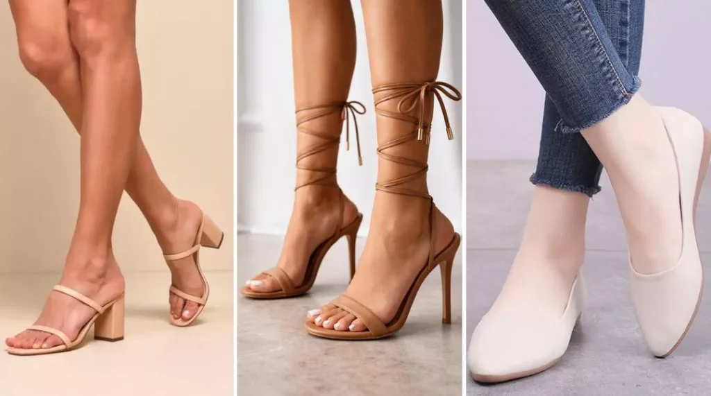 Footwear: Nude-tone heels, ankle straps worn high, pointed-toe shoes