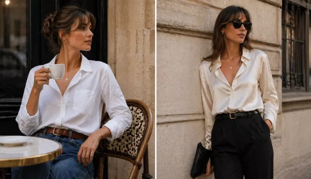French Style Silk Blouse, White Button-Down