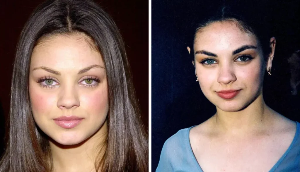 Mila Kunis with brown hair and blue eyes